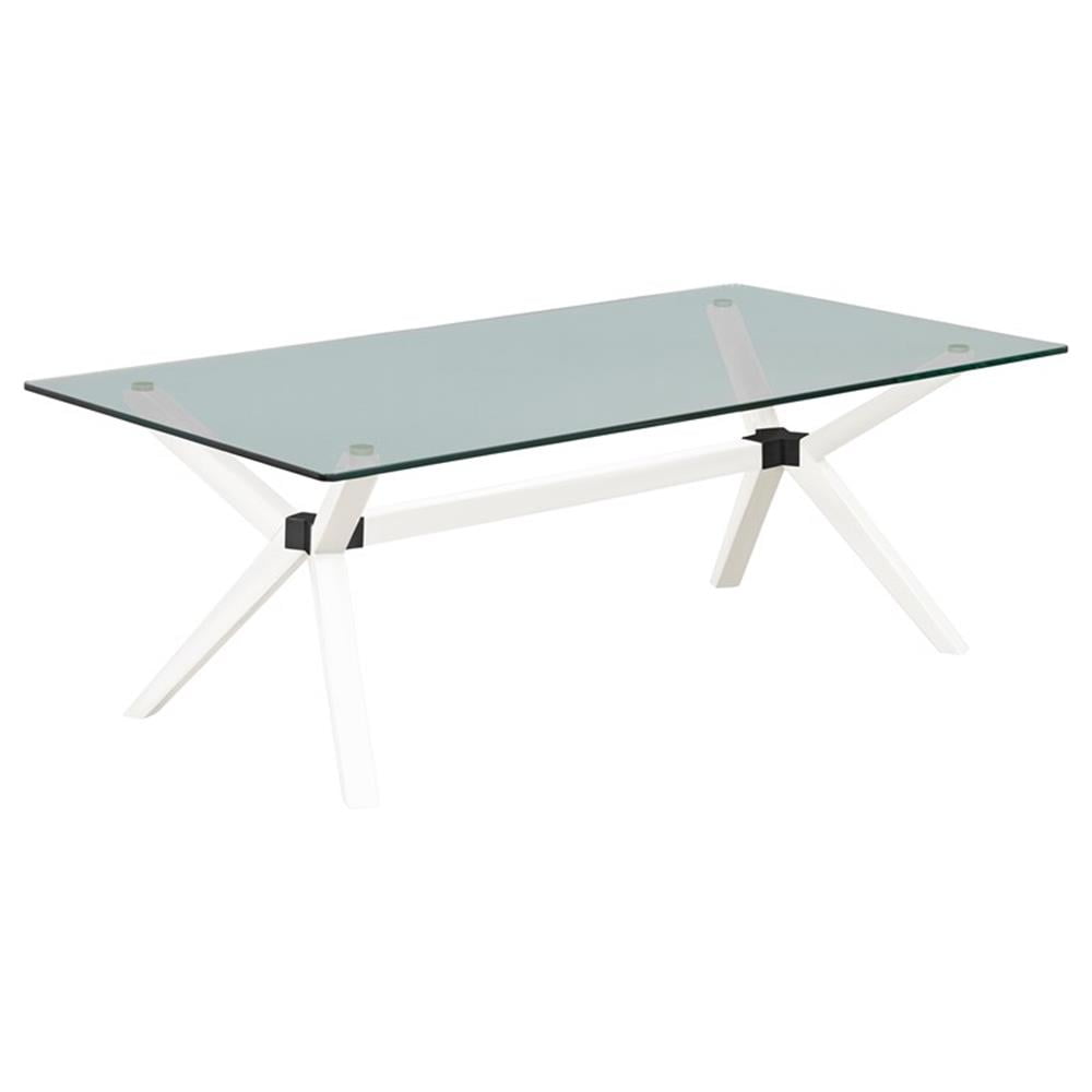 White Rectangular Glass Top Coffee Table with X-Leg Design