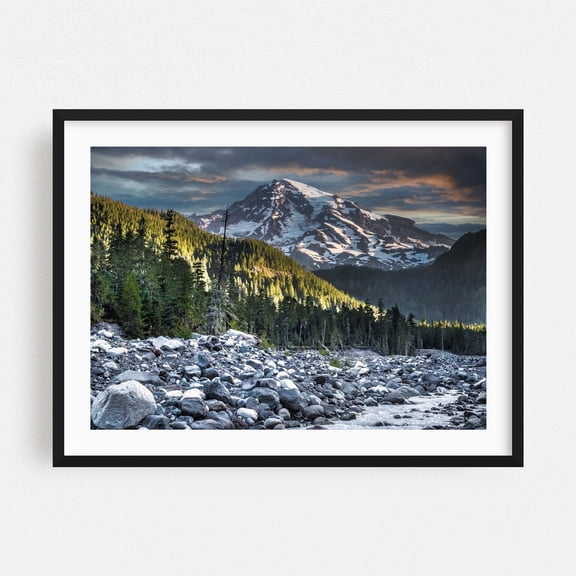 Rainier Nisqually River - Washington Photography Mountain Landscape Nature Forest Wilderness Scenic Snow Black Framed Wall Art Print 9 x 12 inches