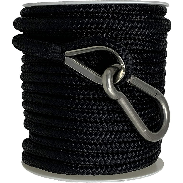 Rainier Supply Co - 100' x 3/8 Double Braided Nylon Boat Anchor Rope with  316SS Thimble and Snap Hook - Black 