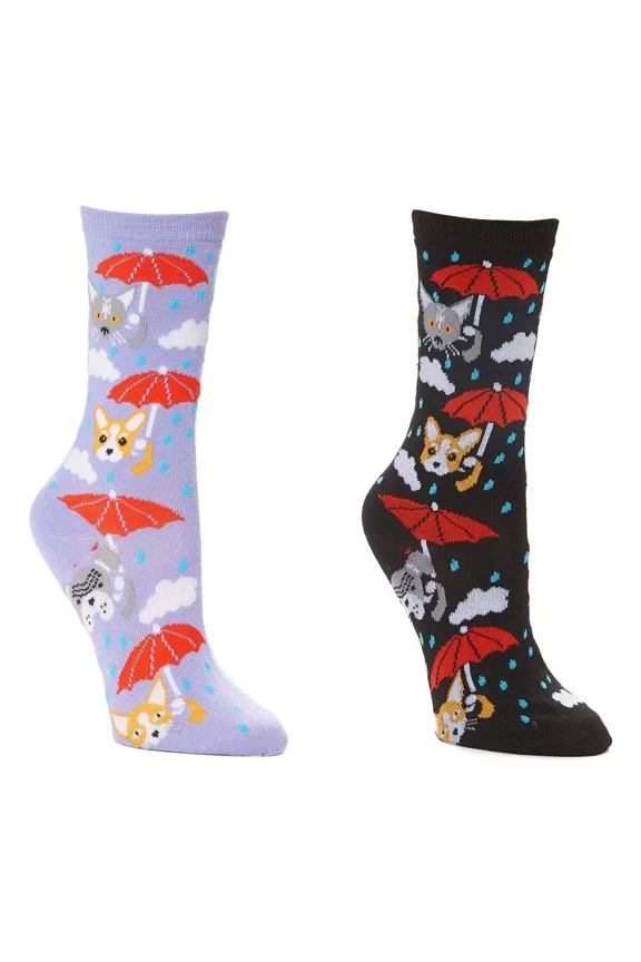 Raining Cats Dogs Umbrellas Cloud Kitten Puppy Women'S Foozys 2 Pairs Socks 9-11