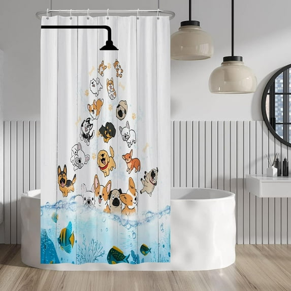 Raining Dogs Shower Curtain for Kids Cute Cartoon Animal Playing Water Shower Curtains Decorative for Bathroom Waterproof Fabric Shower Curtain with Hooks 36x72 Inches