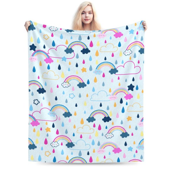 Raining Rainbow Blanket, Gifts for Adult Throw Blankets, Lightweight Cozy Warm Flannel Blankets Throw for Home Decor Bed Couch M