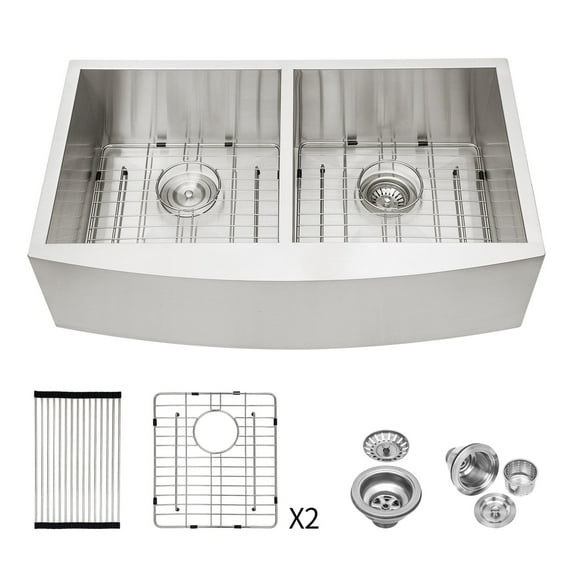 Rainlex 33"x20"x9", Farmhouse Apron Double Bowl Stainless Steel Kitchen Sink, Include 5 Accessories