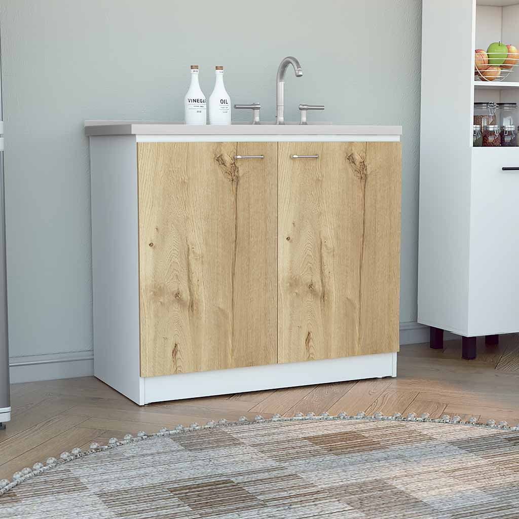 Rainlex Napoles 39" White & Light Oak Utility Sink Cabinet with Stainless Steel Basin, Double Doors & Shelf Storage