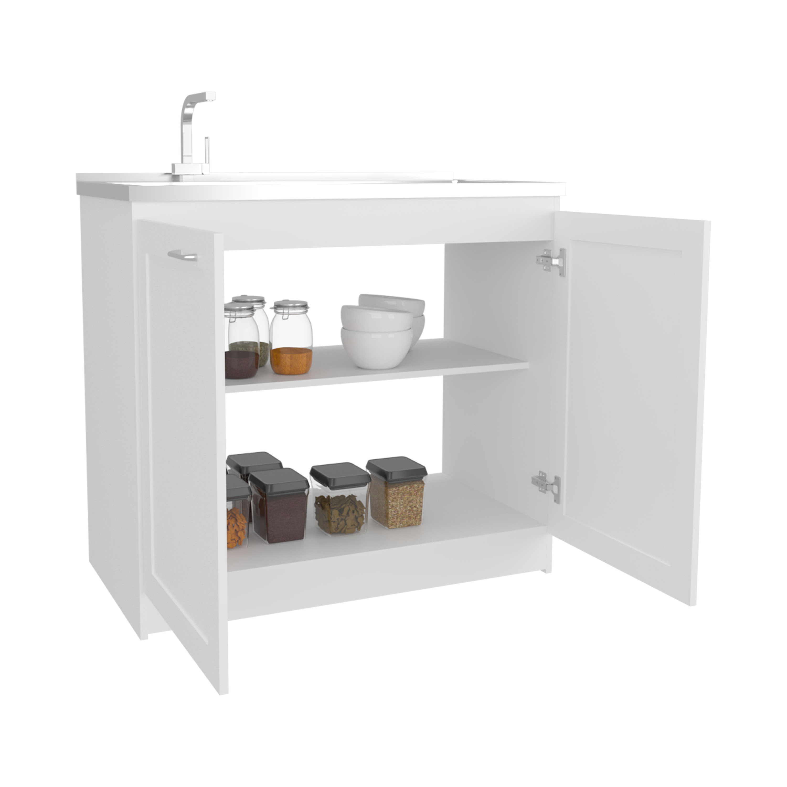 Rainlex Zurich 39" Utility Sink Cabinet with Stainless Steel Sink, White Two-Door Base Cabinet with Shelves for Kitchen