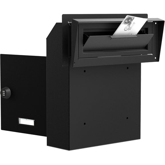 POCHAR Rainproof Through The Door Key Drop Box - Galvanized Steel Heavy Duty Mailbox with Combination Lock for Keys, Deposit, Payment, Mails (Black)