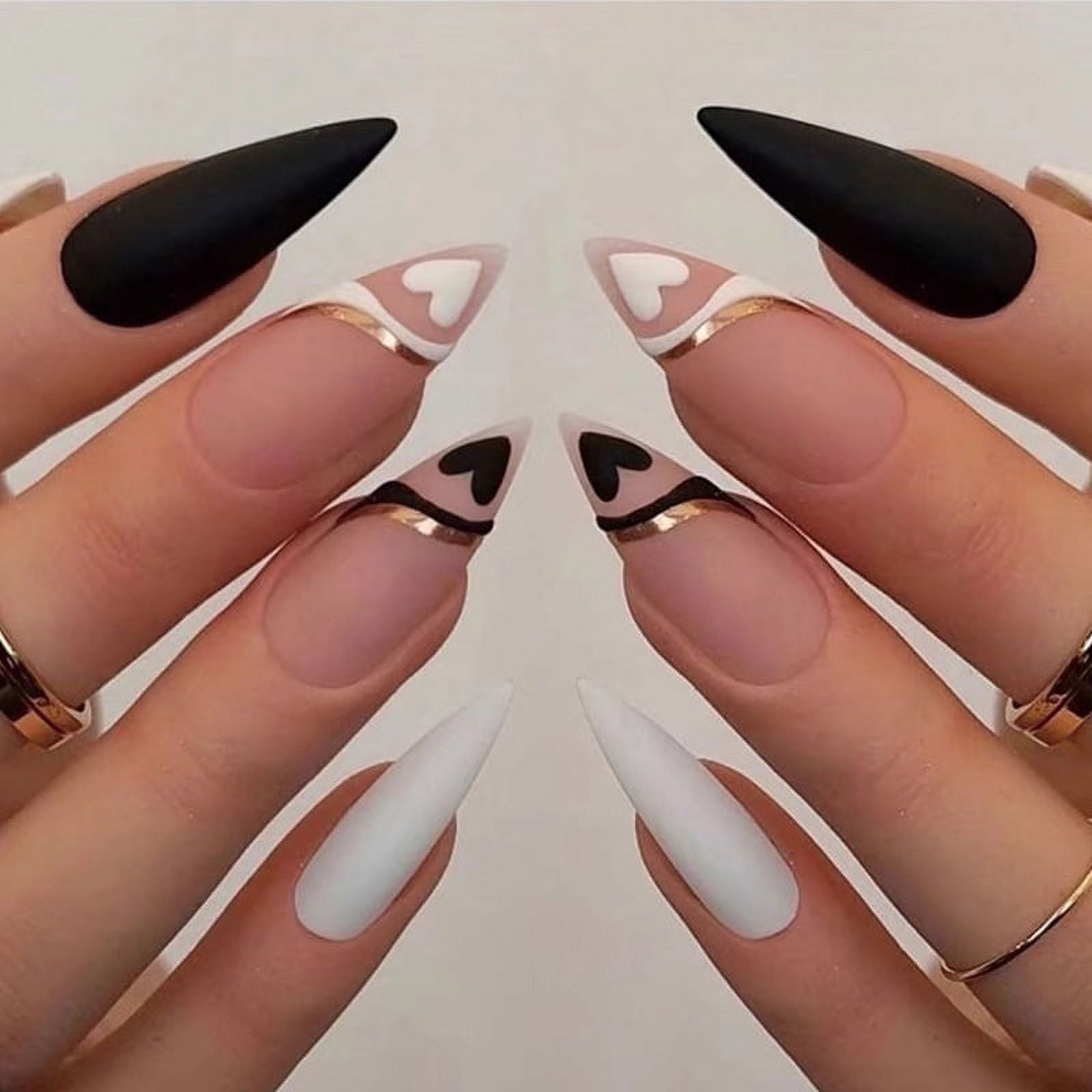 Rainsin 24pcs Fake Nails Matte Love French Medium Long Stiletto