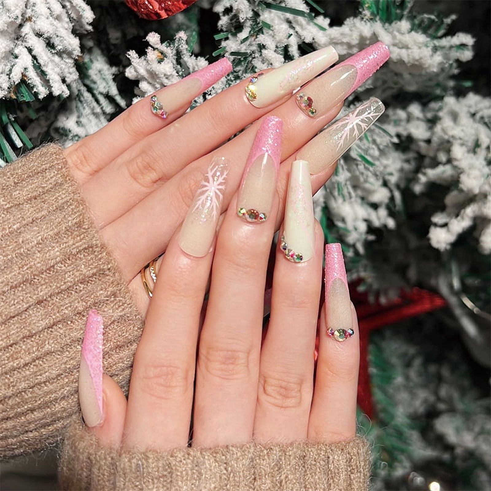 Rainsin Christmas Press on Nails Long with Pink Sparkling Pink and  Rhinestone Chri Designs, Full Cover Long Christmas Fake Nails Glossy  Christmas Long Christmas Acrylic French Nails for Women, 24 Pcs 