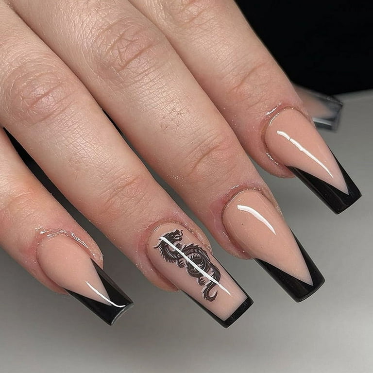 Rainsin Glossy Coffin Extra Long Press on Nails with Designs,Nude Black  French Fake Nails,Acrylic Nails Press on with Dragon Pattern,Stick on Nails  for Women,Artificial Glue on Nail with Dragon Patter 