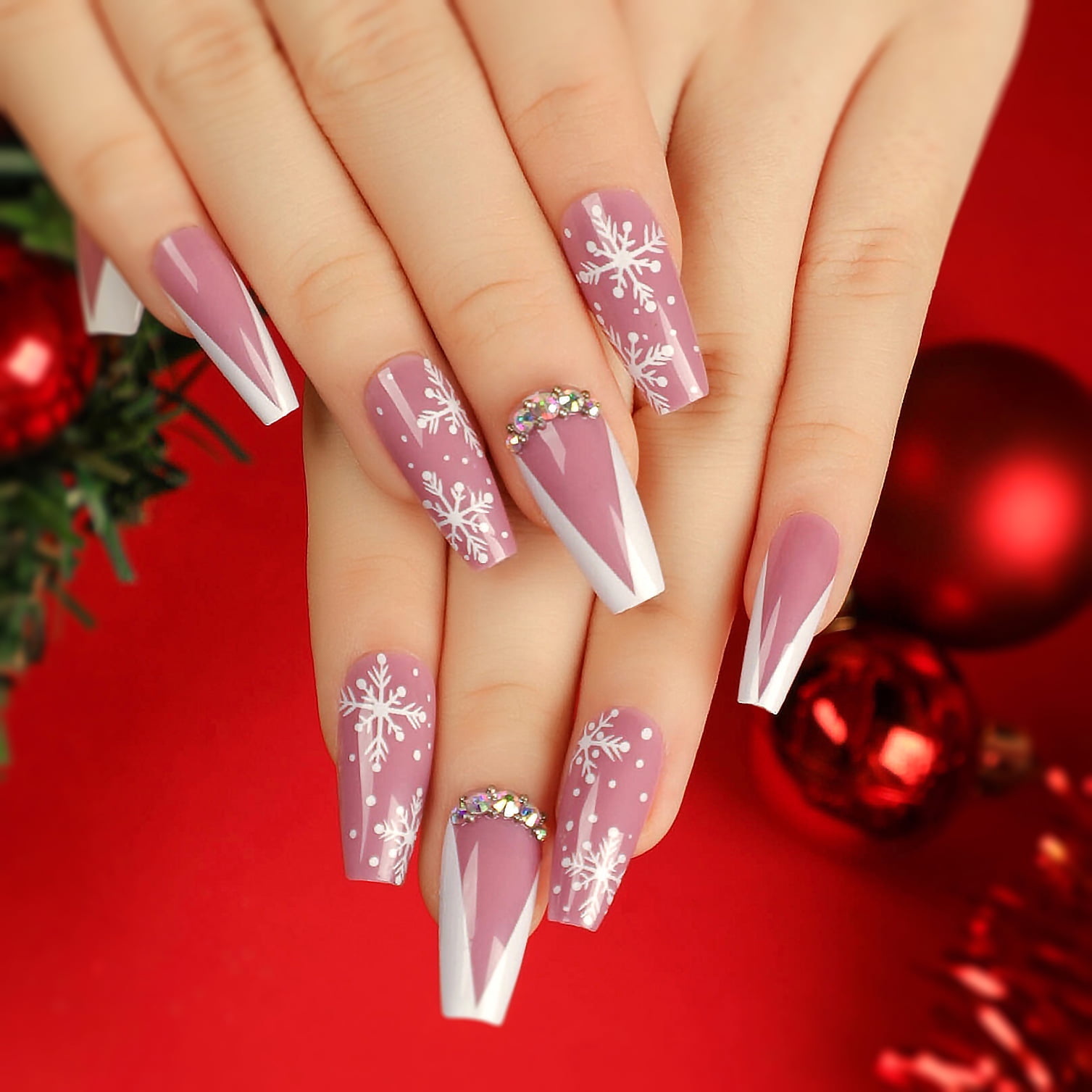 Rainsin Pink Christmas Long T-shaped Fake Nails with Snowflake Design,Women's Christmas Gift