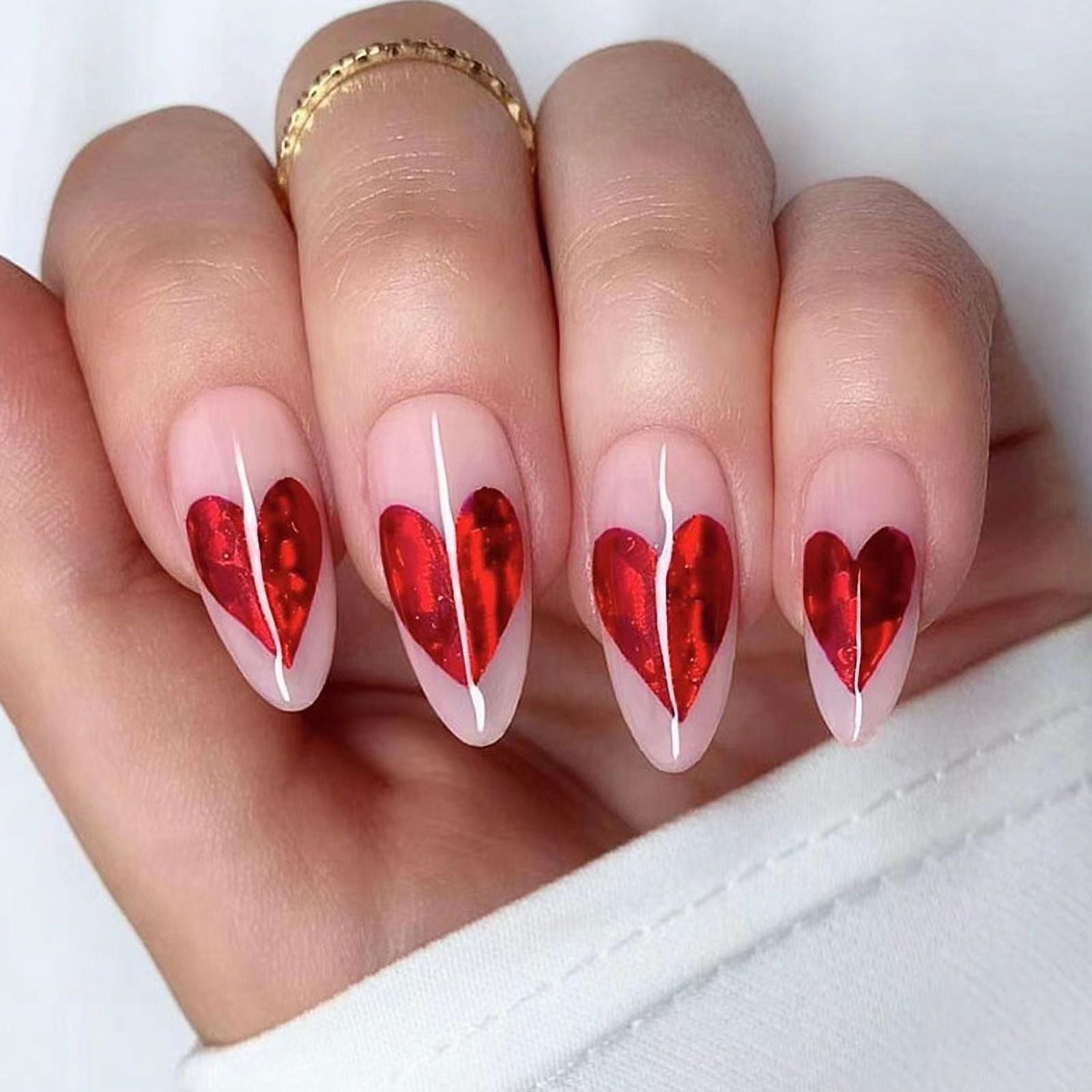 Valentines Press On Nails Short Laser Heart Fake Nails - Temu