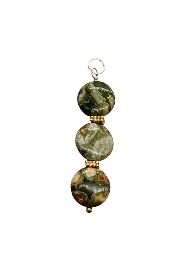 Raintree Rhyolite Jasper 14KGF Dangle Pendant | 2" Long | Green, Pink |