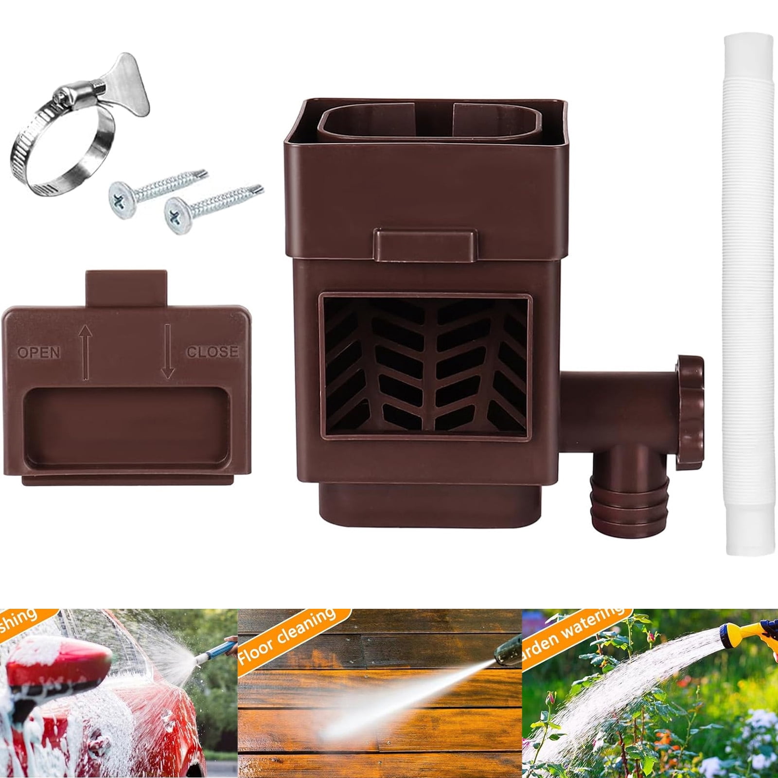 Rainwater Collection System Rain Barrel Diverter Kit Fits for Standard Downspouts Downspout Diverter with Adjustable Valve and Filter Hose,Brown
