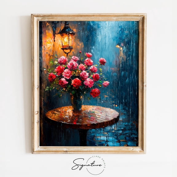 Rainy Cafe Patio with Roses, Romantic Valentines Day Art, Moody Rustic Scene, Cottagecore Wall Decor 3562 Unframed Paper Print