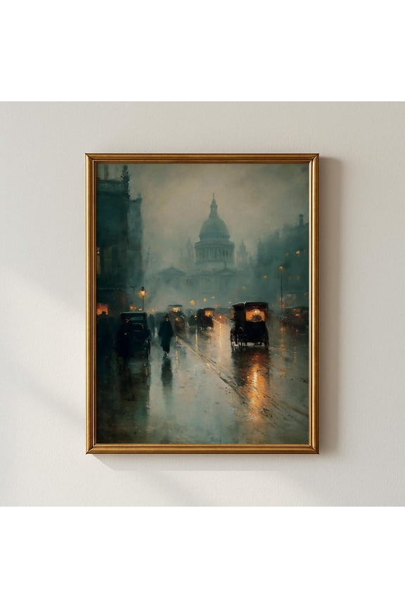 Rainy City Street Wall Art, Moody Vintage Of London With St, Paul’S Cathedral, Atmospheric Home Decor #1158, Unframed Poster Size 8x12