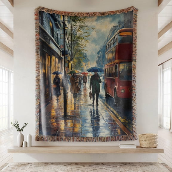 Rainy City Street and Red Double-Decker Bus Woven Throw Blanket, 100% Cotton, Impressionist Style for Living Room