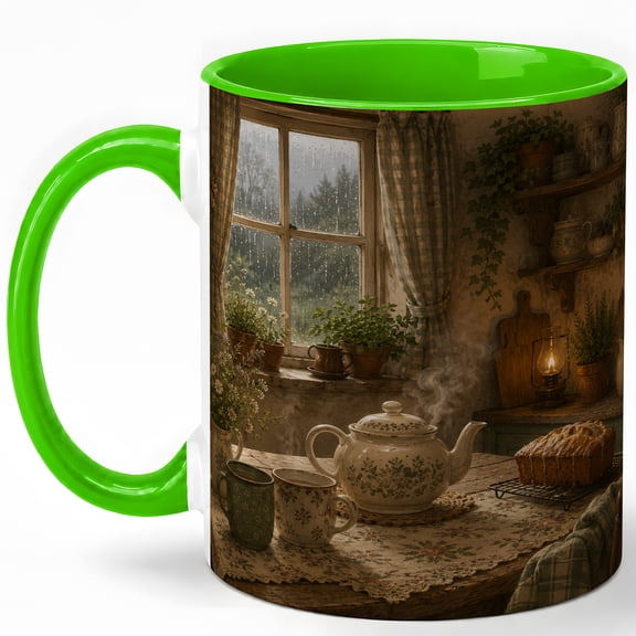 Rainy Cottage Kitchen 11oz Ceramic Mug, Cozy Tea Room Coffee Cup