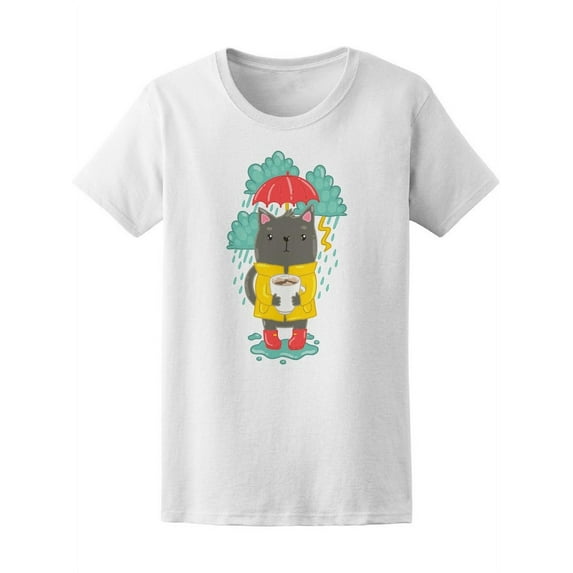 Rainy Day Cat Drinking Coffee T-Shirt Women -Image by Shutterstock, Female XX-Large