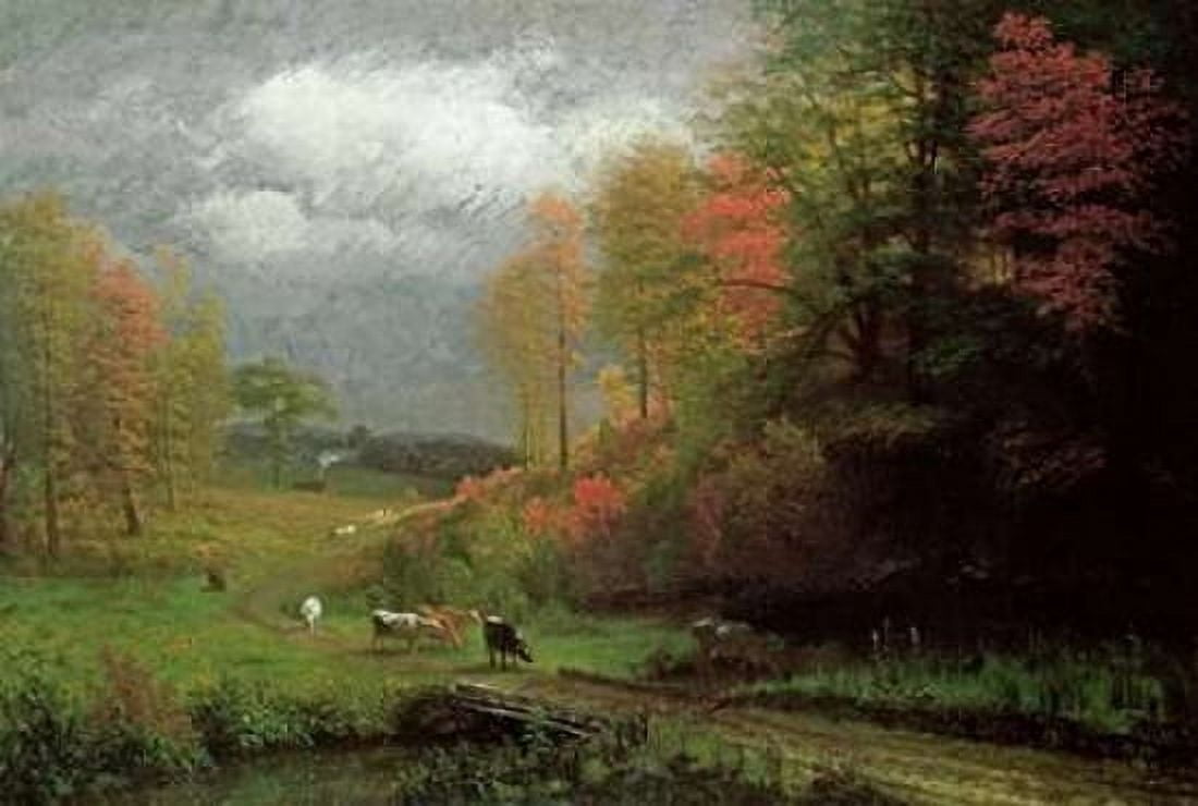Rainy Day In Autumn Massachusetts Canvas Art - Albert Bierstadt (12 x 18)