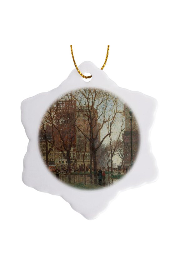 , Rainy Day, Madison Square New York by Paul Cornoyer, 3 inch Snowflake Porcelain Ornament