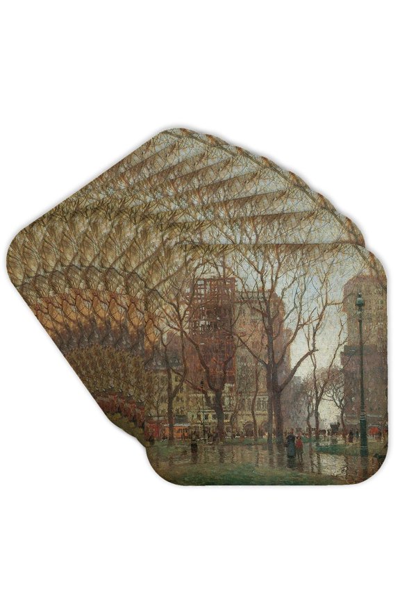 , Rainy Day, Madison Square New York by Paul Cornoyer, Set of 8 Coasters - Soft