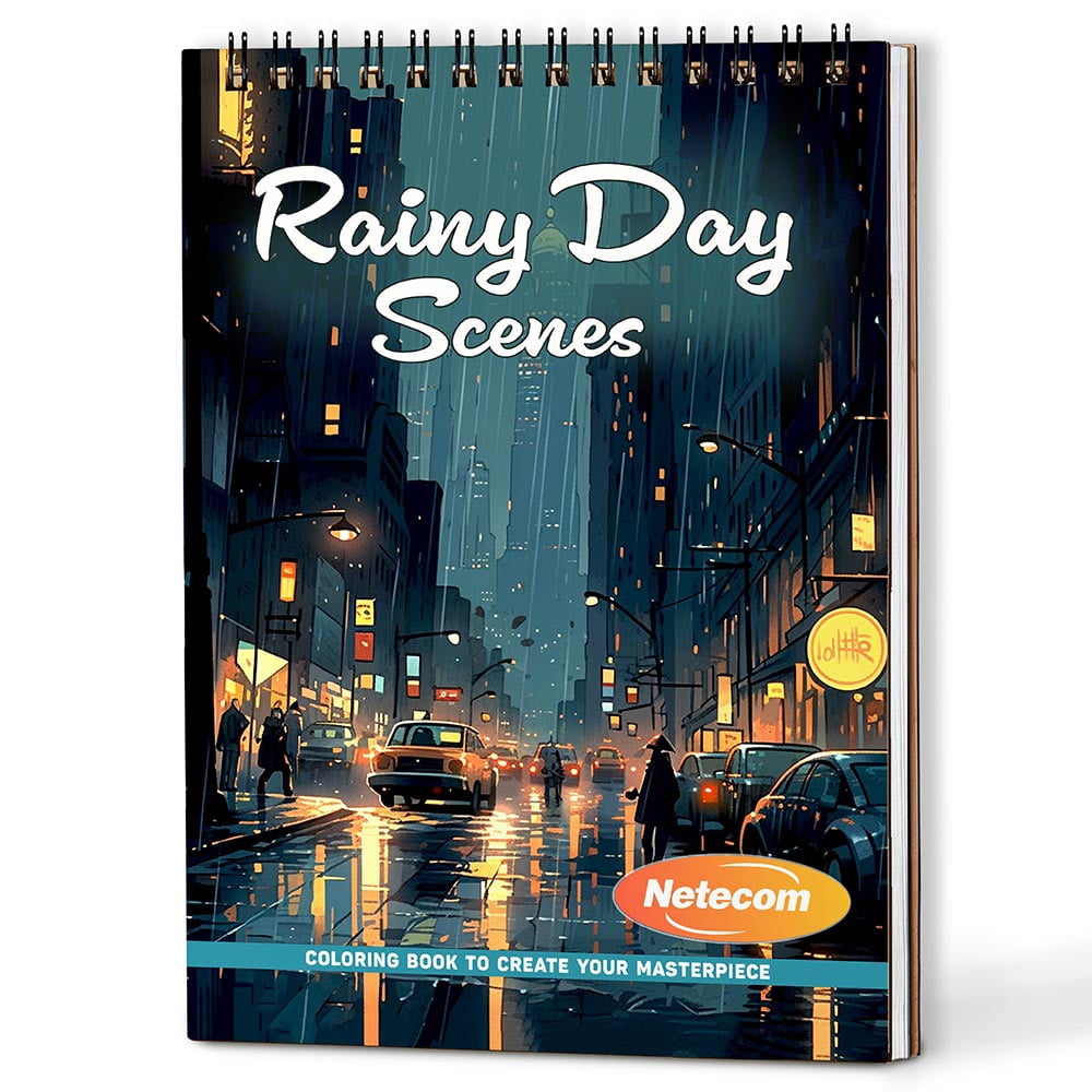 Rainy Day Scenes Coloring Book Spiral Bound For Adults, A5 Wooden Cover, 30 Beautiful Coloring Pages of Streets Under Rain for Stress Relief and Relaxation