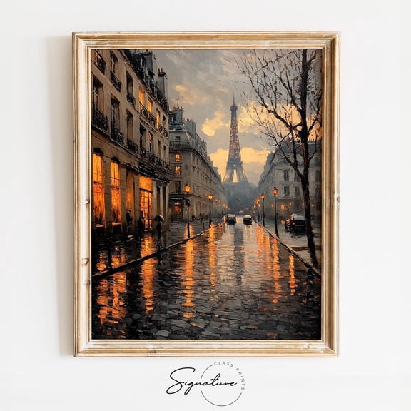 Rainy Evening in Paris with Eiffel Tower Lights, Romantic Cityscape, Parisian Wall Art, Warm Moody Poster, work 3685 Unframed Paper Print