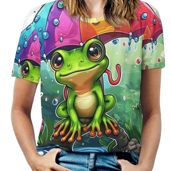 Rainy Frog Umbrella Womens Tops Women's Fashion Casual Short Sleeve Flower Print Round Neck Pullover Top Blouse