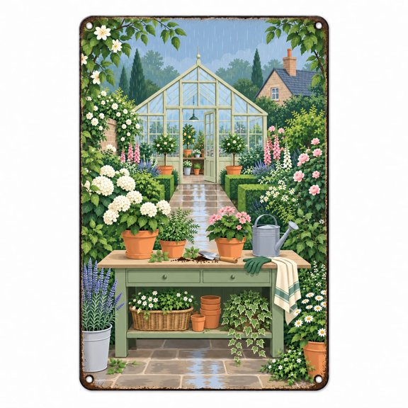Rainy Glasshouse Metal Sign for Potting Room Spring Garden Decor