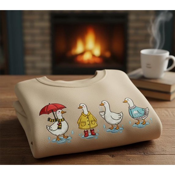 Rainy Goose Embroidered Sweatshirt, Cozy Fall Duck Crewneck, Cute Autumn Goose Lovers Gift
