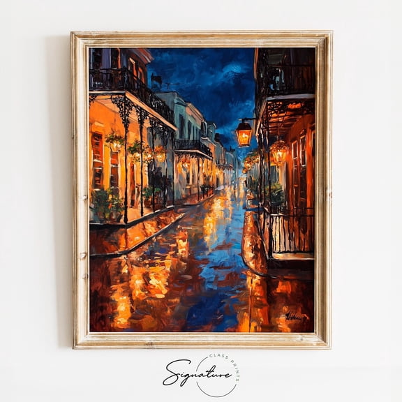 Rainy New Orleans Street with Golden Lights, Cityscape, Romantic Moody Wall Art, Warm Night Poster, work 3698 Unframed Paper Print