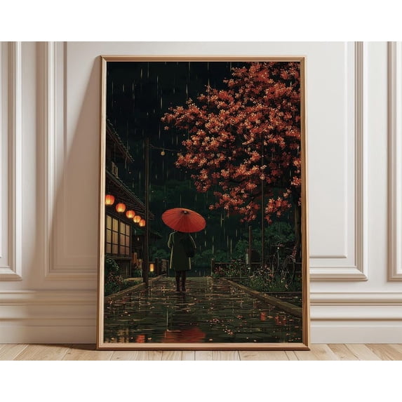 Rainy Night Cherry Blossom Wall Art Print, Unframed Paper Poster 16x20in
