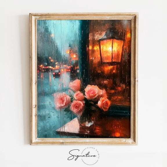 Rainy Night Coffee Shop Reflection with Roses, Romantic Valentines Day Wall Art, Moody Rustic, Decor Scene 3567 Unframed Paper Print