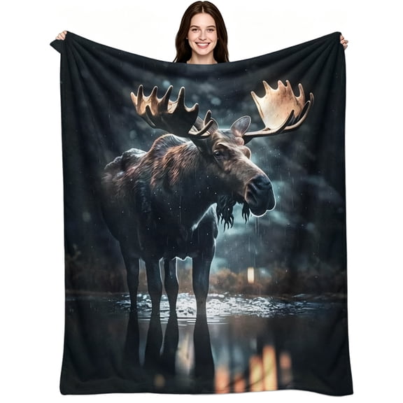 Rainy Night Wild Moose Standing in, Soft Warm Flannel Fleece, Nature Animal Wildlife, Throw Blanket, Cozy Warm, Home Decor, Bed Living Room Bedroom, Gift