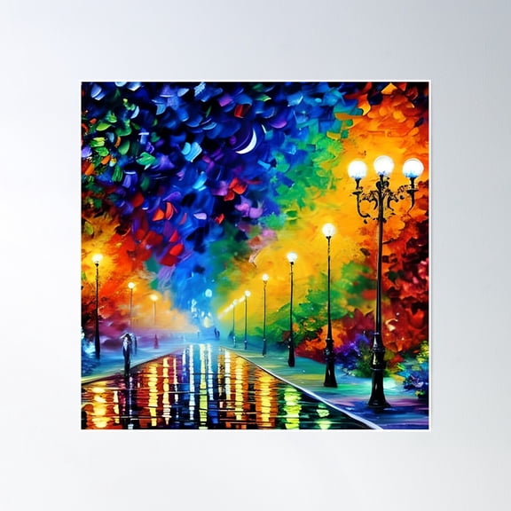 Rainy Night With Streetlights And Crescent Moon; Colorful Impressionist Cityscape Poster Wall Art, Modern Wall Decor, 30x30 UNFRAMED