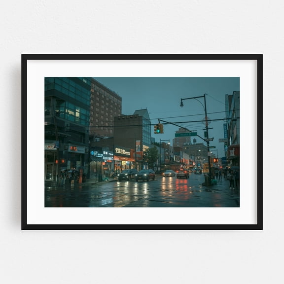 Rainy Night in Flushing, Queens 02 - Queens New York Photography Black Framed Wall Art Print 16 x 24 inches
