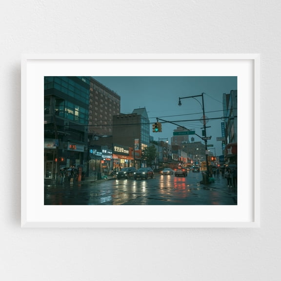Rainy Night in Flushing, Queens 02 - Queens New York Photography White Framed Wall Art Print 20 x 30 inches