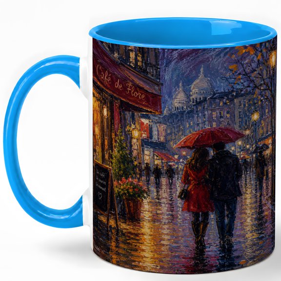 Rainy Paris Cafe 11oz Ceramic Mug, Romantic City Street Coffee Cup