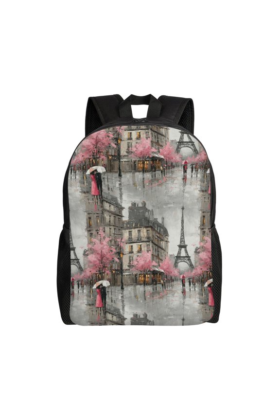 Rainy Paris scene Backpack with 15 Inch Laptop Compartment,Water-Resistant Daypack, Large Capacity Backpack with Adjustable Breathable Shoulder Straps for Daily Use Travel Gym