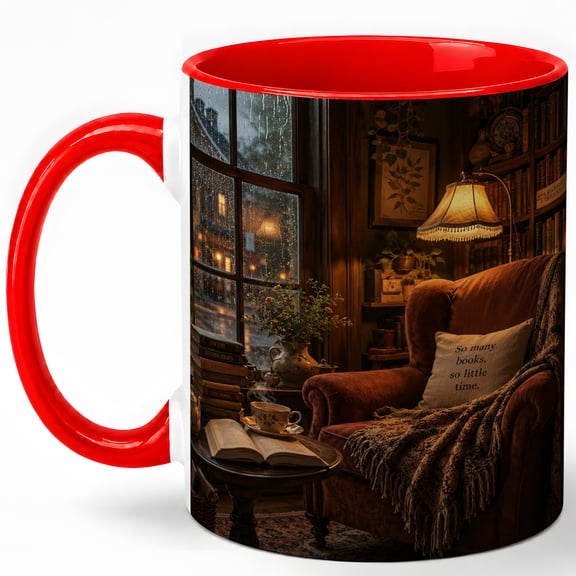 Rainy Reading Nook Coffee Mug, Cozy Library Book Lover Design, 11 oz Ceramic Cup