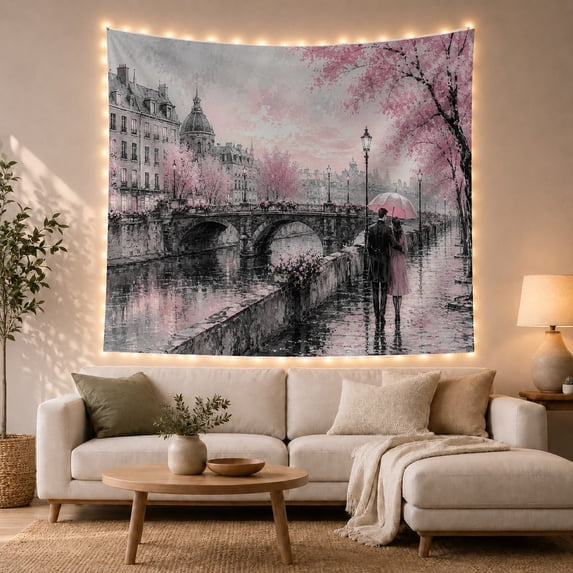 Rainy Riverside Scene with Umbrella Couple and Stone Bridge, Romantic Impressionist for Art Lovers, Scenic Wall Art, Valentine's Day Gift, Tapestry Wall Hanging for Bedroom and Living Room