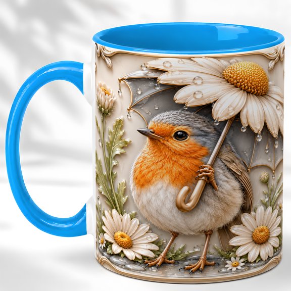 Rainy Robin Coffee Mug, Daisy Umbrella Mug, Ceramic 11 oz