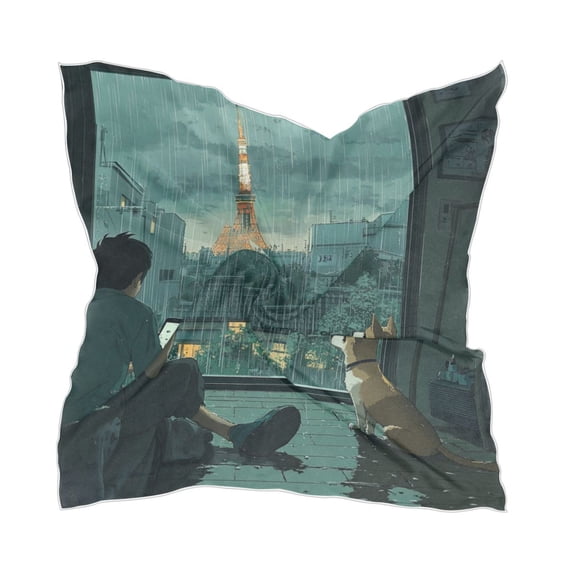 Rainy Scene Outside The Window Square Silk Scarf, 23.62×23.62in Polyester Simulated Silk Satin Scarf Tops for Women Head Wraps Shirt Bandana Curly Hair Tie Headband Headscarf