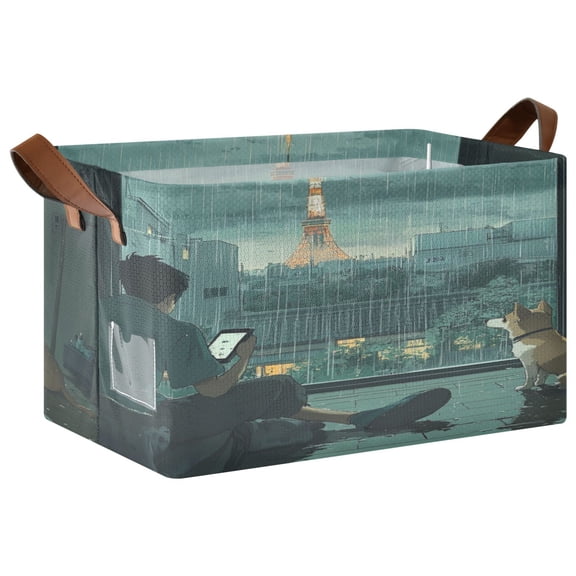 Rainy Scene Outside The Window Storage Basket Soccer Plaid Fabric Hoard Box Oversized Collapsible Closet Organizer with Metal Iron Frame 16.911.410in