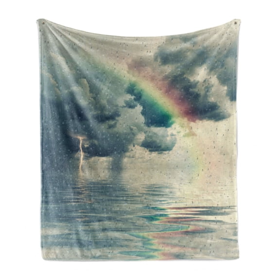 Rainy Soft Flannel Fleece Throw Blanket, Romantic Water Drops View Melancholia Rainbow and Thunderbolt on Overcast Sky Print, Cozy Plush for Indoor and Outdoor Use, 50" x 70", Teal Grey, by Ambesonne