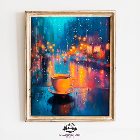 Rainy Spring Café Scene - Romantic Coffee At Twilight, Moody Blue And Orange , Wall Art For Kitchen 1018 UNFRAMED Poster, Wall Art for Decor, Present, 24x36