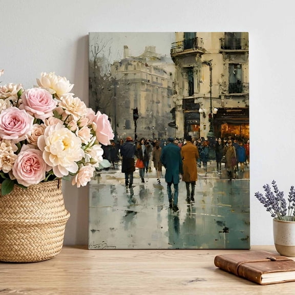 Rainy Street Canvas Wall Art for Living Room, Vintage Classic City Crowd Earthy Brown Urban Life Poster Print Painting for Bedroom Office Home Decoration Wall Pictures Prepare To Hang 16"x20"