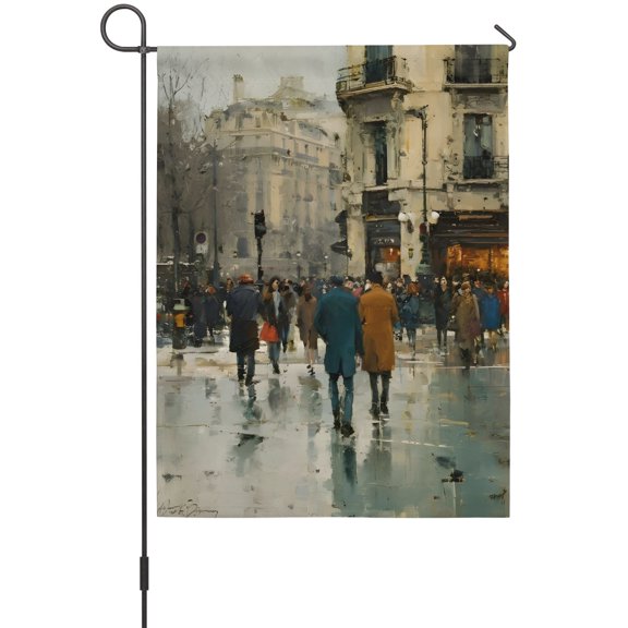 Rainy Street House Flags For Outdoor, Vintage Classic City Crowd Earthy Brown Urban Life Small Double Side Yard Flags Weather Proof House Decor for Lawn Outside Holiday 28 x 40 Inches