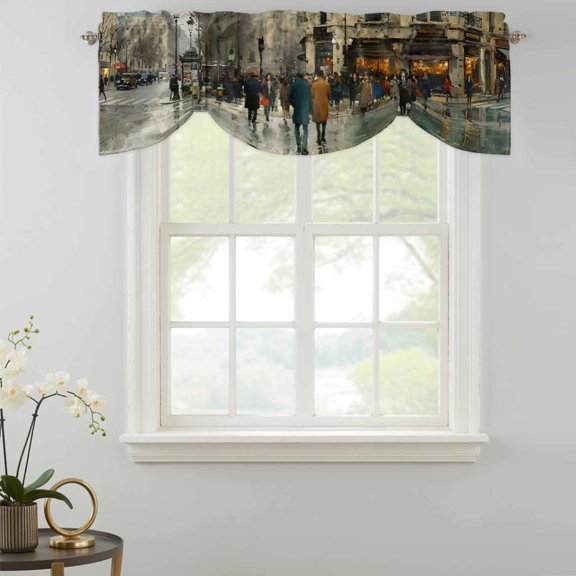 Rainy Street Tie Up Valances Curtain, Vintage Classic City Crowd Earthy Brown Urban Life Kitchen Valances for Windows Decor, Rod Pocket Short Curtains Set for Bedroom/Bathroom, 42"x12"