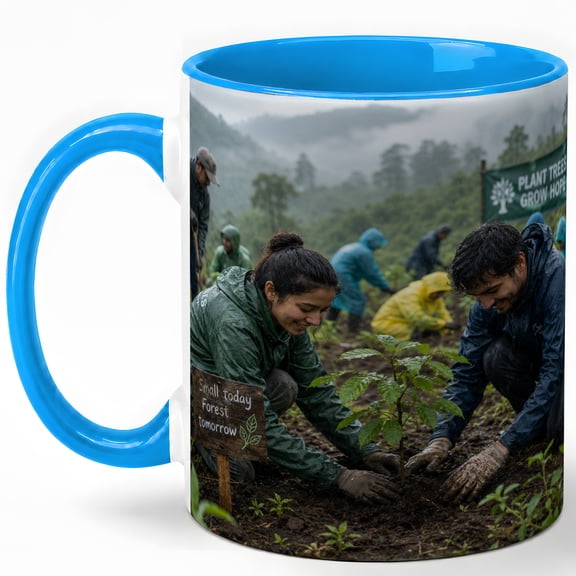Rainy Tree Planting Coffee Mug, Forest Restoration Volunteer Design, 11 oz Ceramic Cup